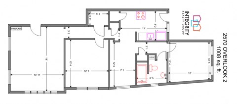 Floor plan for 2 beds, 1 bath, 1008 sqft